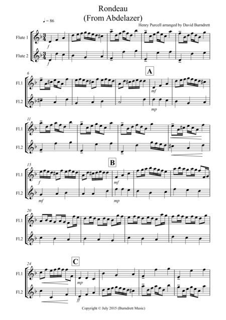 Free Sheet Music Rondeau From Abdelazer For Flute Duet