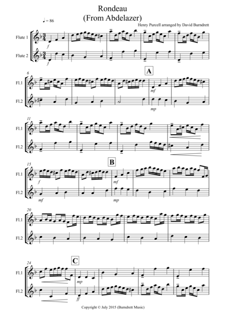 Rondeau From Abdelazer For Flute Duet Sheet Music