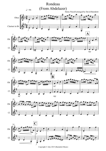 Rondeau From Abdelazer For Oboe And Clarinet Duet Sheet Music