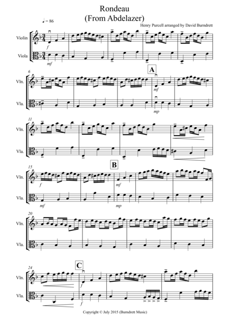 Rondeau From Abdelazer For Violin And Viola Duet Sheet Music