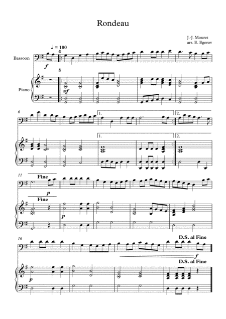 Rondeau Jean Joseph Mouret For Bassoon Piano Sheet Music