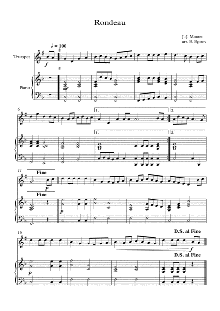 Free Sheet Music Rondeau Jean Joseph Mouret For Trumpet Piano