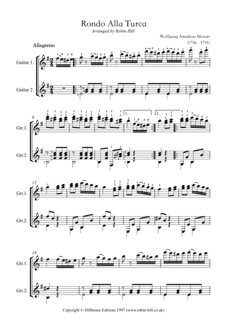 Free Sheet Music Rondo Alla Turca Arranged For Two Guitars