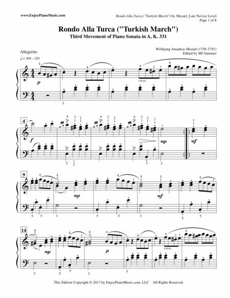 Rondo Alla Turca Turkish March Piano Solo Original Version Written In 4 4 Time Signature Sheet Music