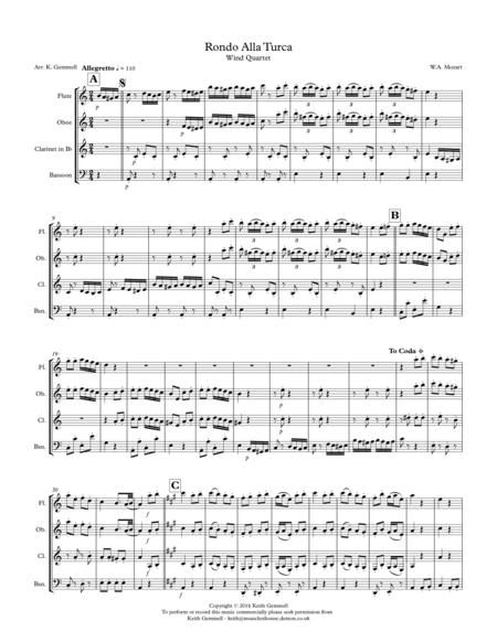 Rondo Alla Turca Woodwind Quartet Sheet Music