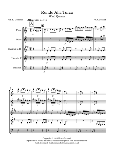 Free Sheet Music Rondo Alla Turka Wind Quintet