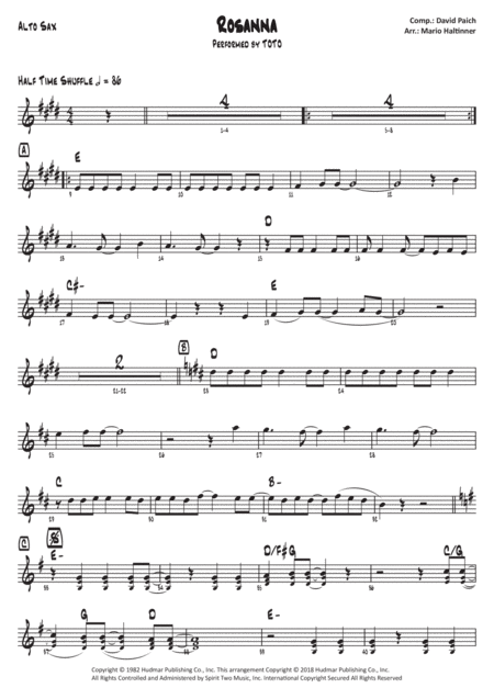 Rosanna Toto Alto Sax Sheet Music