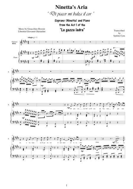 Rossini La Gazza Ladra Act 1 Di Piacer Mi Balza Il Cor Soprano And Piano Sheet Music