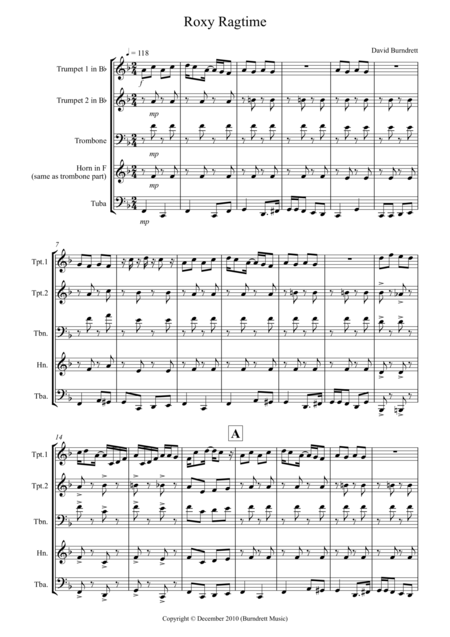 Roxy Ragtime For Brass Quartet Sheet Music