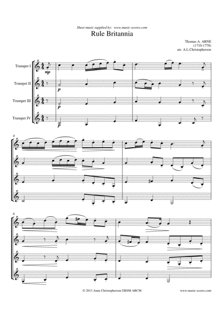 Free Sheet Music Rule Britannia 4 Trumpets Concert Bb