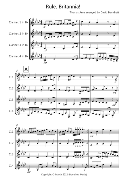 Rule Britannia For Clarinet Quartet Sheet Music