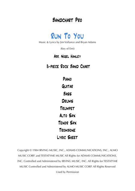 Run To You 8pc Rock Band Chart In Emi Sheet Music