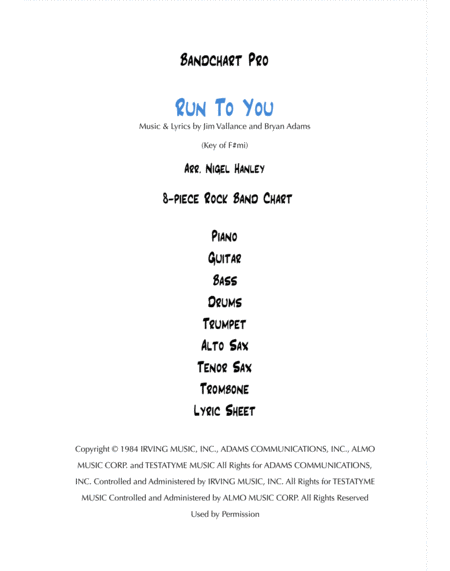 Run To You 8pc Rock Band Chart In F Mi Sheet Music