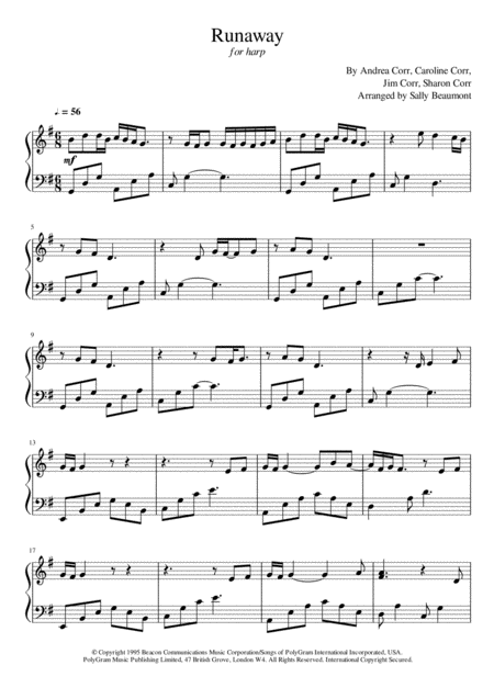 Free Sheet Music Runaway The Corrs Harp Solo