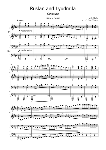 Ruslan And Lyudmila Overture For Piano 4 Hands Sheet Music