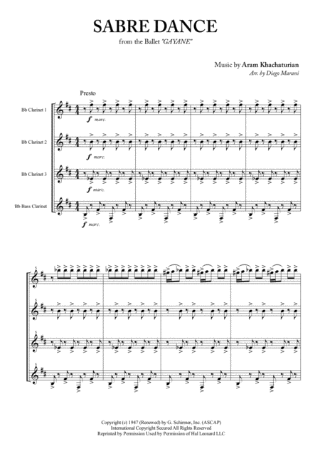 Sabre Dance For Clarinet Quartet Sheet Music