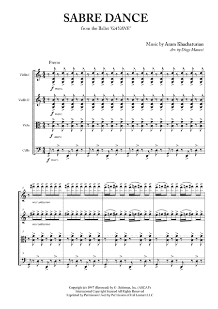 Sabre Dance For String Quartet Sheet Music