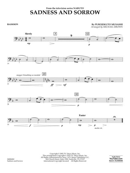 Sadness And Sorrow From Naruto Arr Michael Brown Bassoon Sheet Music