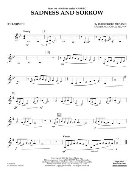 Sadness And Sorrow From Naruto Arr Michael Brown Bb Clarinet 3 Sheet Music