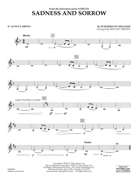 Sadness And Sorrow From Naruto Arr Michael Brown Eb Alto Clarinet Sheet Music