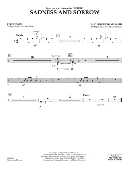 Sadness And Sorrow From Naruto Arr Michael Brown Percussion 1 Sheet Music