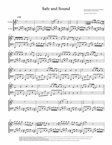 Free Sheet Music Safe And Sound For Violin And Cello