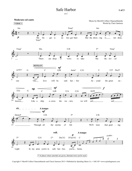 Free Sheet Music Safe Harbor Vocal Piano Lead Sheet In C