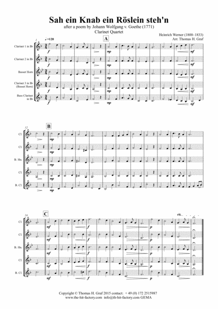 Free Sheet Music Sah Ein Knab Ein Roeslein Stehn German Folk Song Clarinet Quartet
