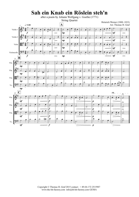 Free Sheet Music Sah Ein Knab Ein Roeslein Stehn German Folk Song String Quartet