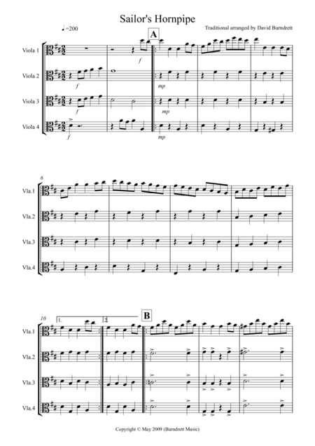 Sailors Hornpipe For Viola Quartet Sheet Music