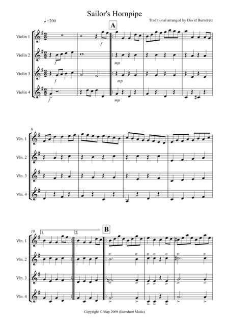 Sailors Hornpipe For Violin Quartet Sheet Music