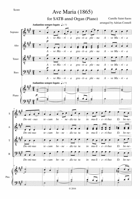 Saint Saens Ave Maria Arranged For Satb Choir And Piano Or Organ Sheet Music