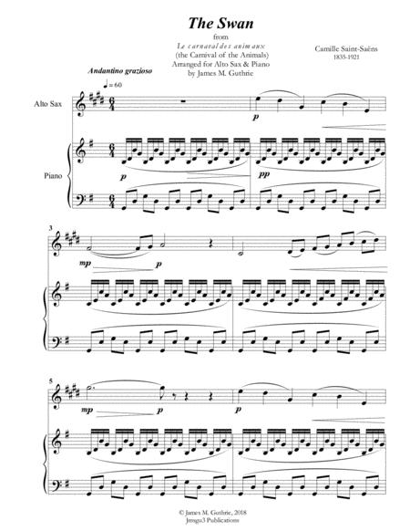 Saint Saens The Swan For Alto Sax Piano Sheet Music