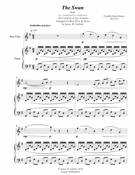 Saint Saens The Swan For Bass Flute Piano Sheet Music