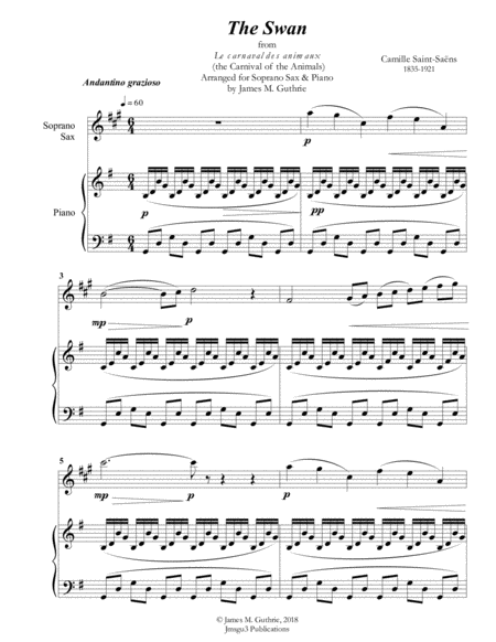 Saint Saens The Swan For Soprano Sax Piano Sheet Music