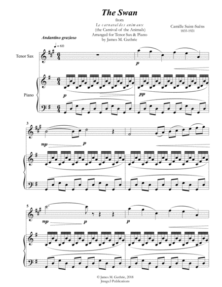 Saint Saens The Swan For Tenor Sax Piano Sheet Music