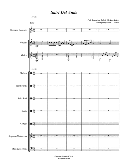 Sairi Del Ande Folk Song From Bolivia Arranged For Orff Ensemble Sheet Music