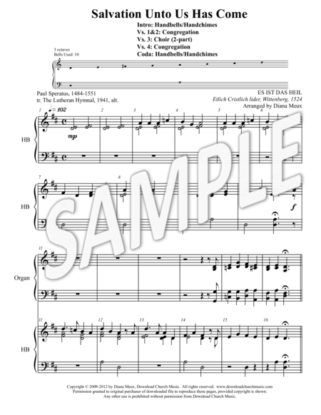 Salvation Unto Us Has Come Handbells 2 Part Choir Organ Congregation Sheet Music