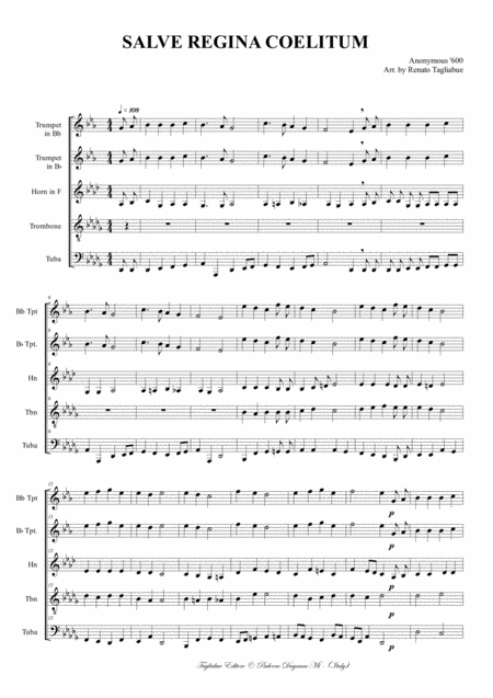 Salve Regina Coelitum Arr For Brass Quintet With Parts Sheet Music