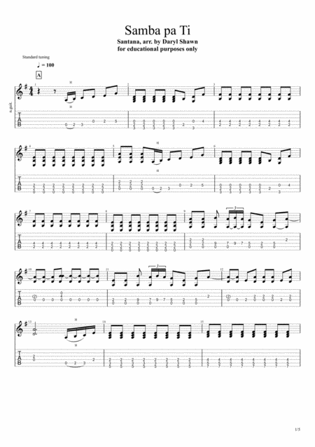 Samba Pa Ti Santana For Solo Fingerstyle Guitar Sheet Music