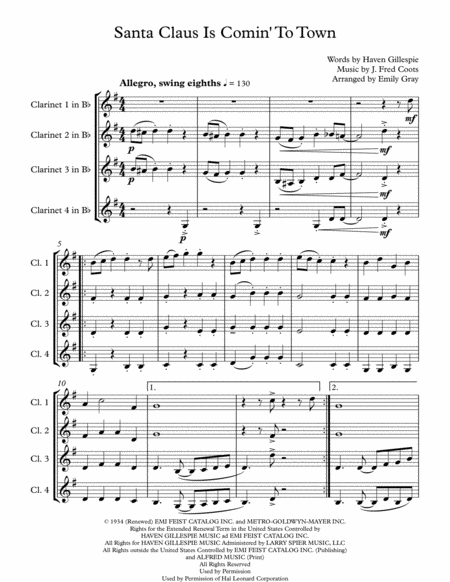 Santa Claus Is Comin To Town 4 Clarinets Sheet Music