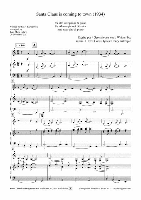 Santa Claus Is Comin To Town Alto Saxophone Piano Sheet Music