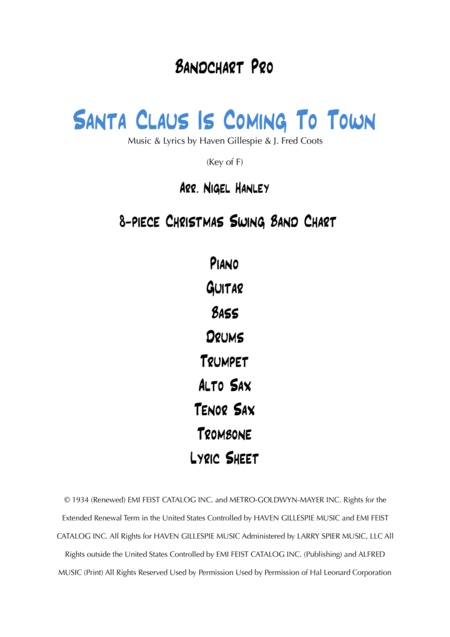 Santa Claus Is Comin To Town C 8pc Christmas Swing Band Chart Sheet Music