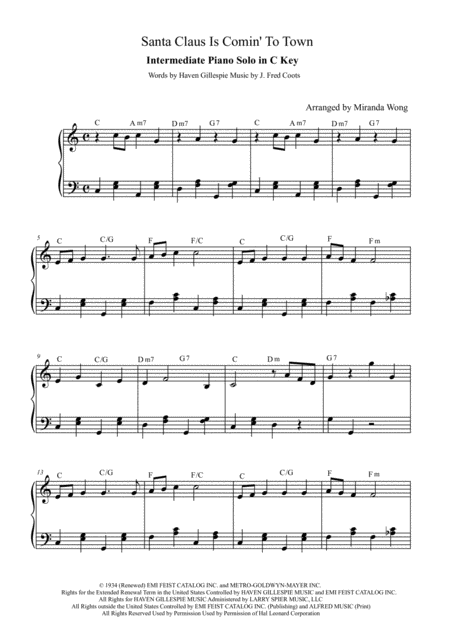 Santa Claus Is Comin To Town Christmas Piano Solo In C Key With Chords Sheet Music