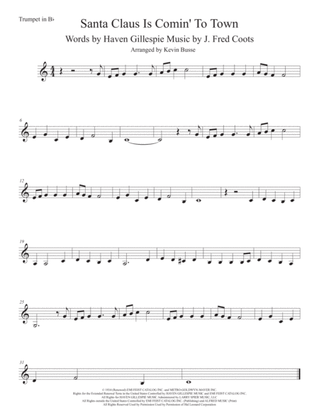 Santa Claus Is Comin To Town Easy Key Of C Trumpet Sheet Music