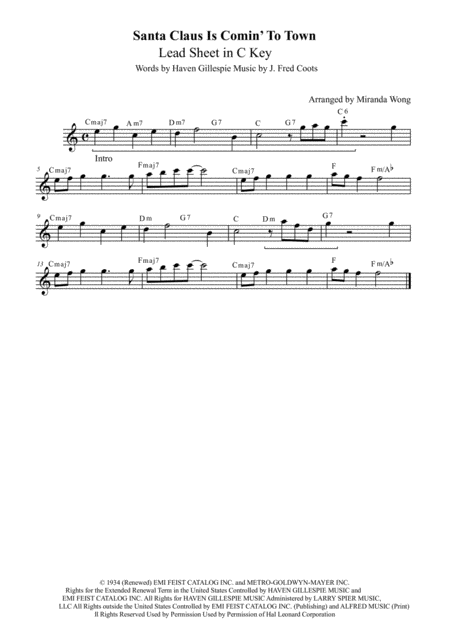 Santa Claus Is Comin To Town Flute Or Oboe Solo In C Key With Chords Sheet Music