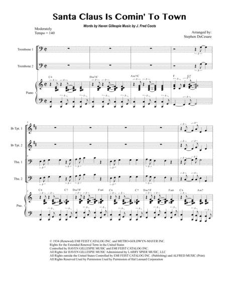 Free Sheet Music Santa Claus Is Comin To Town For Brass Quartet And Piano Alternate Version