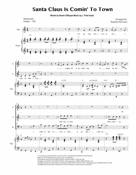 Free Sheet Music Santa Claus Is Comin To Town For Vocal Quartet Satb