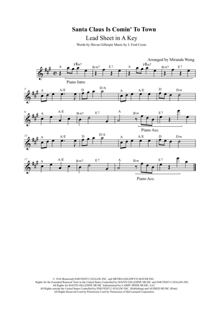 Free Sheet Music Santa Claus Is Comin To Town Lead Sheet In 3 Different Keys With Chords