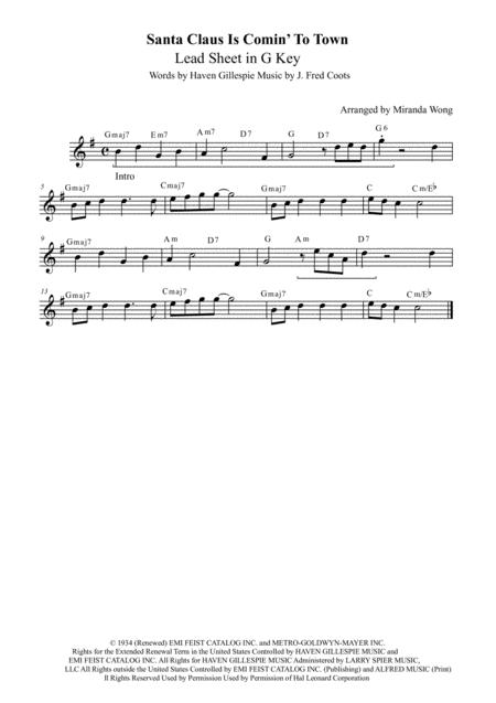 Free Sheet Music Santa Claus Is Comin To Town Lead Sheet In 4 Keys With Chords E G A C